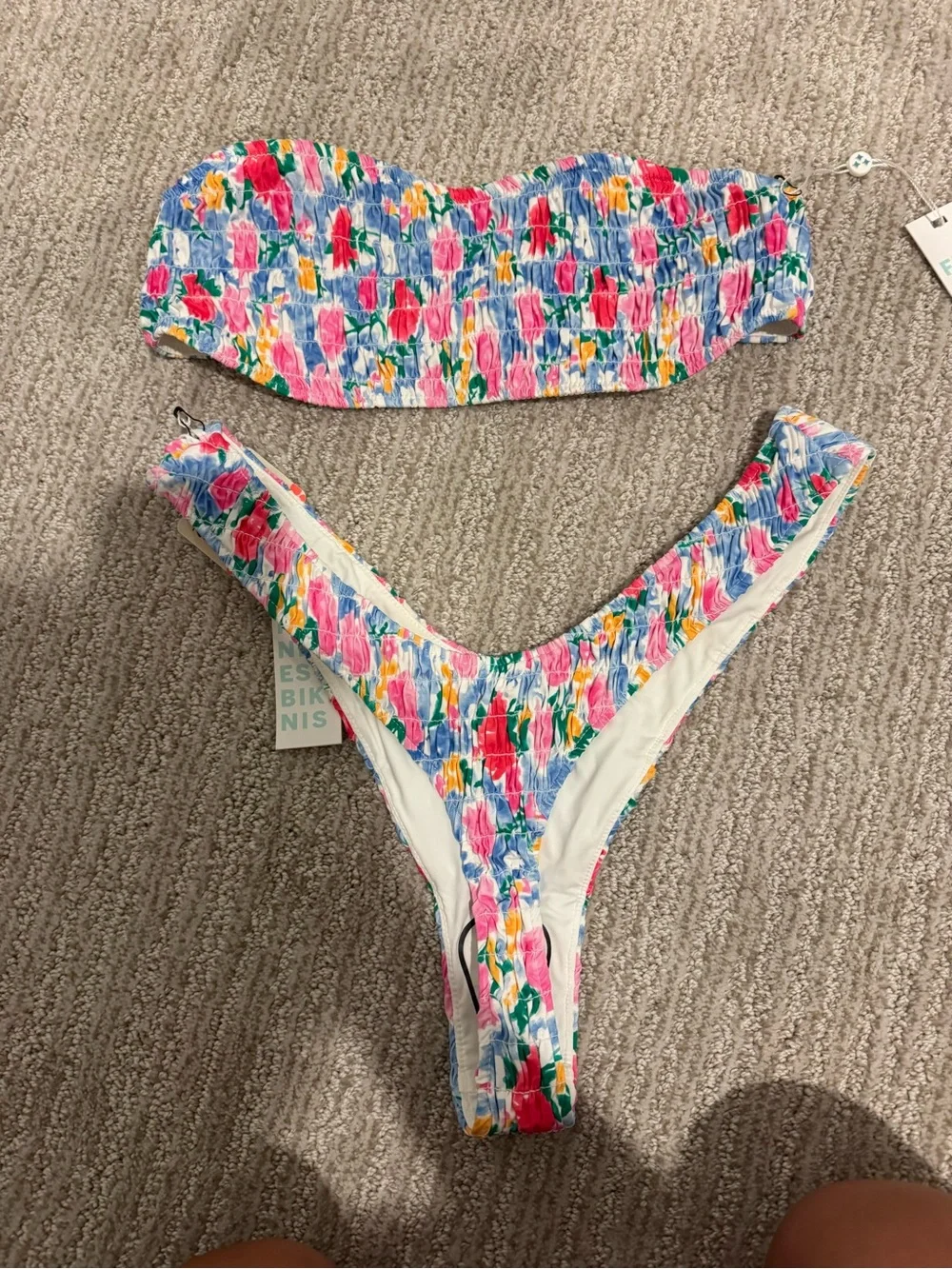 Frankie's Bikinis Multicolor Floral Bandeau Bikini — Pink, Blue, Green, Yellow